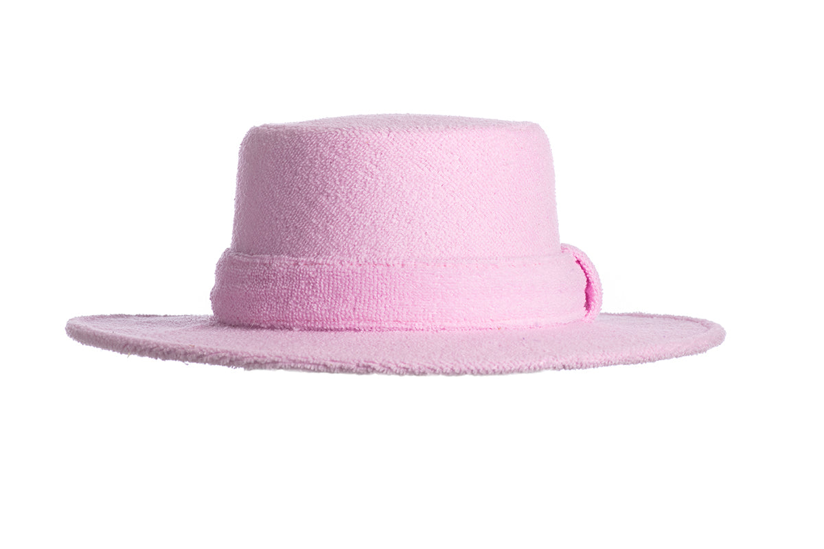 ASN Hats Terry pink boater hat, front angle showing the pink terry texture