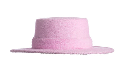 ASN Hats Terry pink boater hat, side profile showing the flat crown