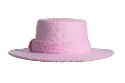 ASN Hats Terry pink boater hat, rear angle showing the matching trim