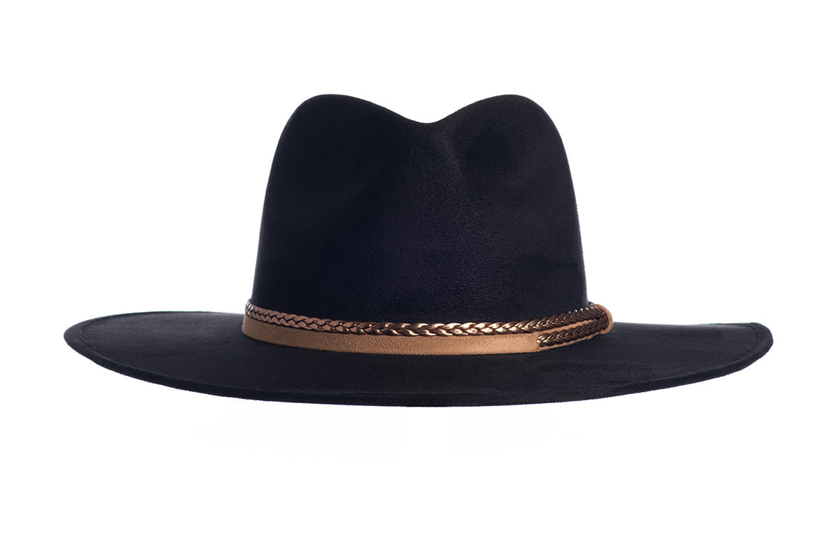 ASN Hats Joshua black fedora hat, front angle showing the crown and brim