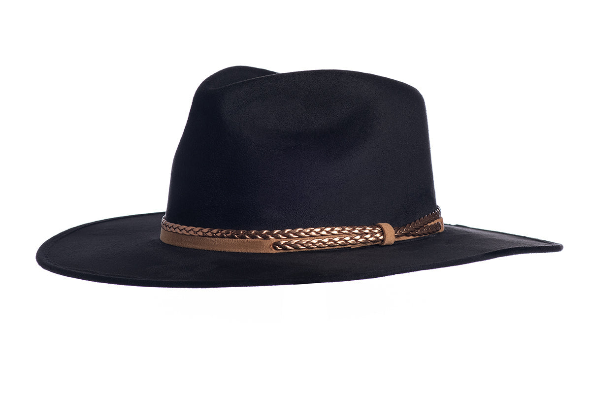 ASN Hats Joshua black fedora hat, side profile showing the hatband