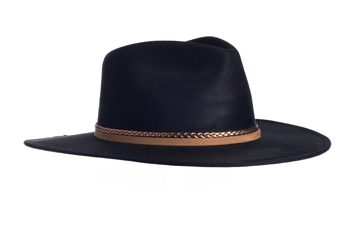 ASN Hats Joshua black fedora hat, opposite angle showing the brim shape