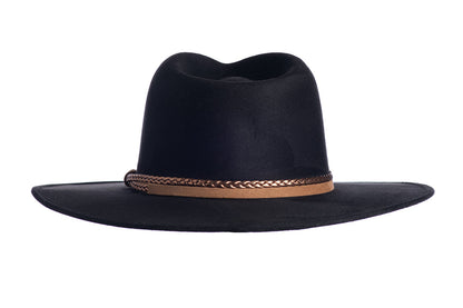 ASN Hats Joshua black fedora hat, rear view showing the crown and trim