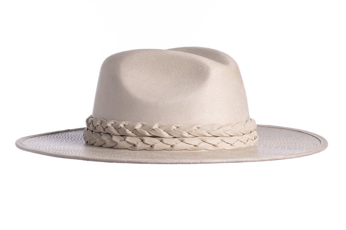 ASN Hats Dreamer ivory fedora hat, side angle showing the snakeskin-pattern brim