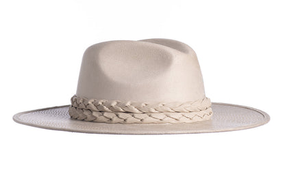 ASN Hats Dreamer ivory fedora hat, side angle showing the snakeskin-pattern brim