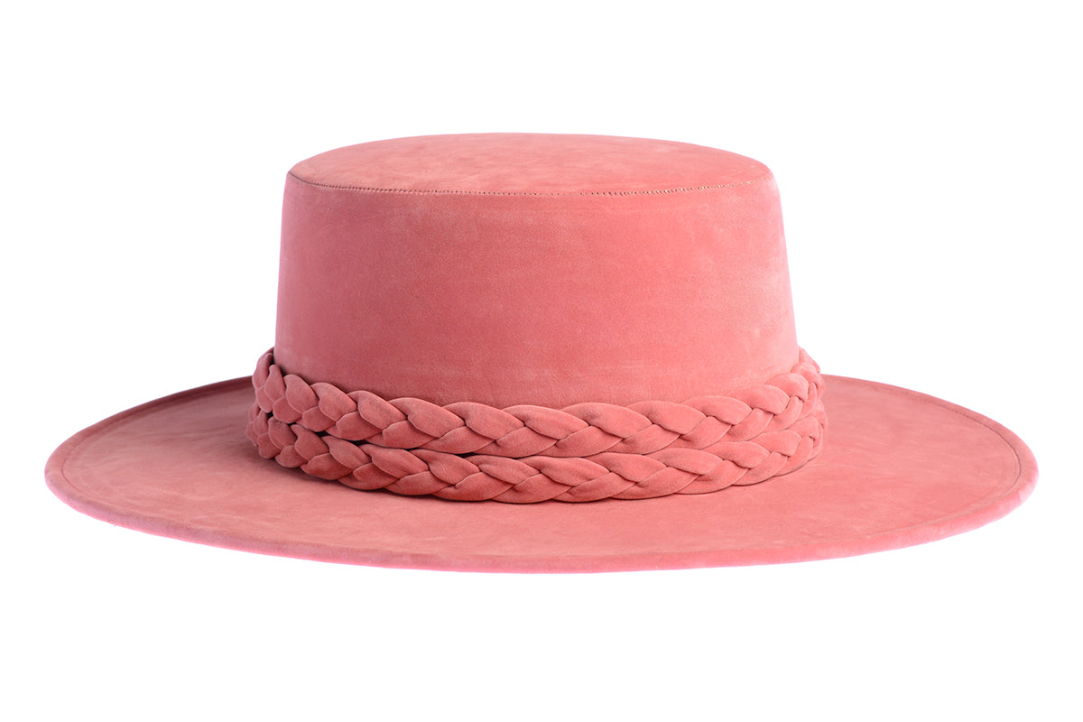 ASN Hats La Vie En Rose pink boater hat, opposite angle showing the brim shape