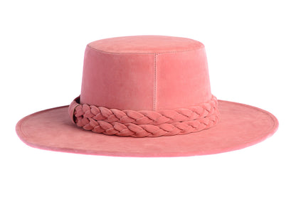 ASN Hats La Vie En Rose pink boater hat, rear view showing the crown and trim