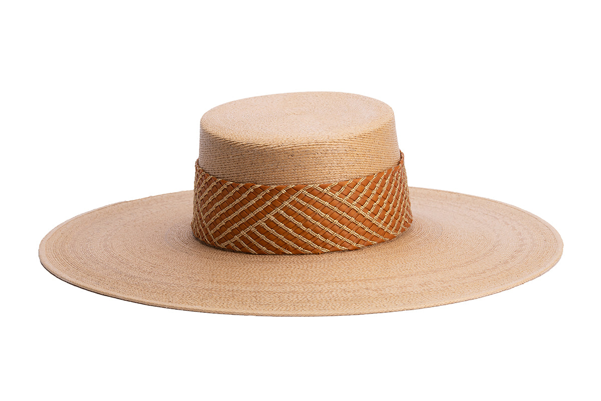 ASN Hats Boheme- orange natural boater hat, front angle showing the crown and brim