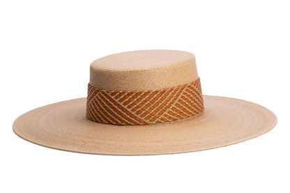 ASN Hats Boheme- orange natural boater hat, side profile showing the hatband