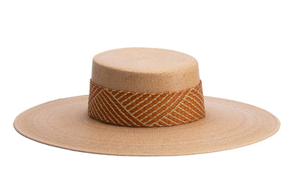 ASN Hats Boheme- orange natural boater hat, opposite angle showing the brim shape