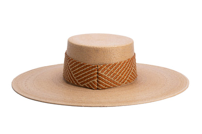 ASN Hats Boheme- orange natural boater hat, rear view showing the crown and trim