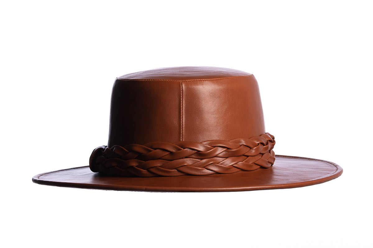 ASN Hats Cedar - Rust rust brown boater hat, rear view showing the crown and trim