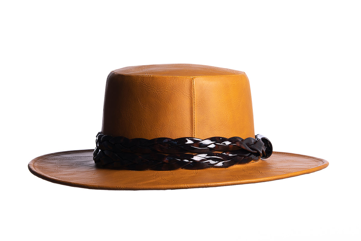 ASN Hats Tortoise - Mustard mustard brown boater hat, rear view showing the crown and trim