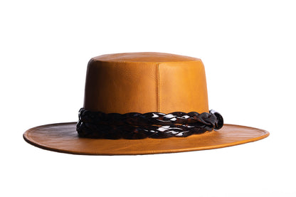 ASN Hats Tortoise - Mustard mustard brown boater hat, rear view showing the crown and trim