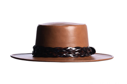 ASN Hats Tortoise - Tan tan brown boater hat, front angle showing the crown and brim