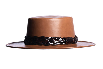 ASN Hats Tortoise - Tan tan brown boater hat, side profile showing the hatband