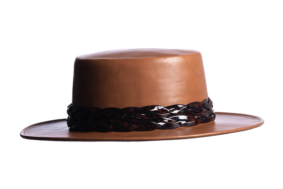 ASN Hats Tortoise - Tan tan brown boater hat, opposite angle showing the brim shape