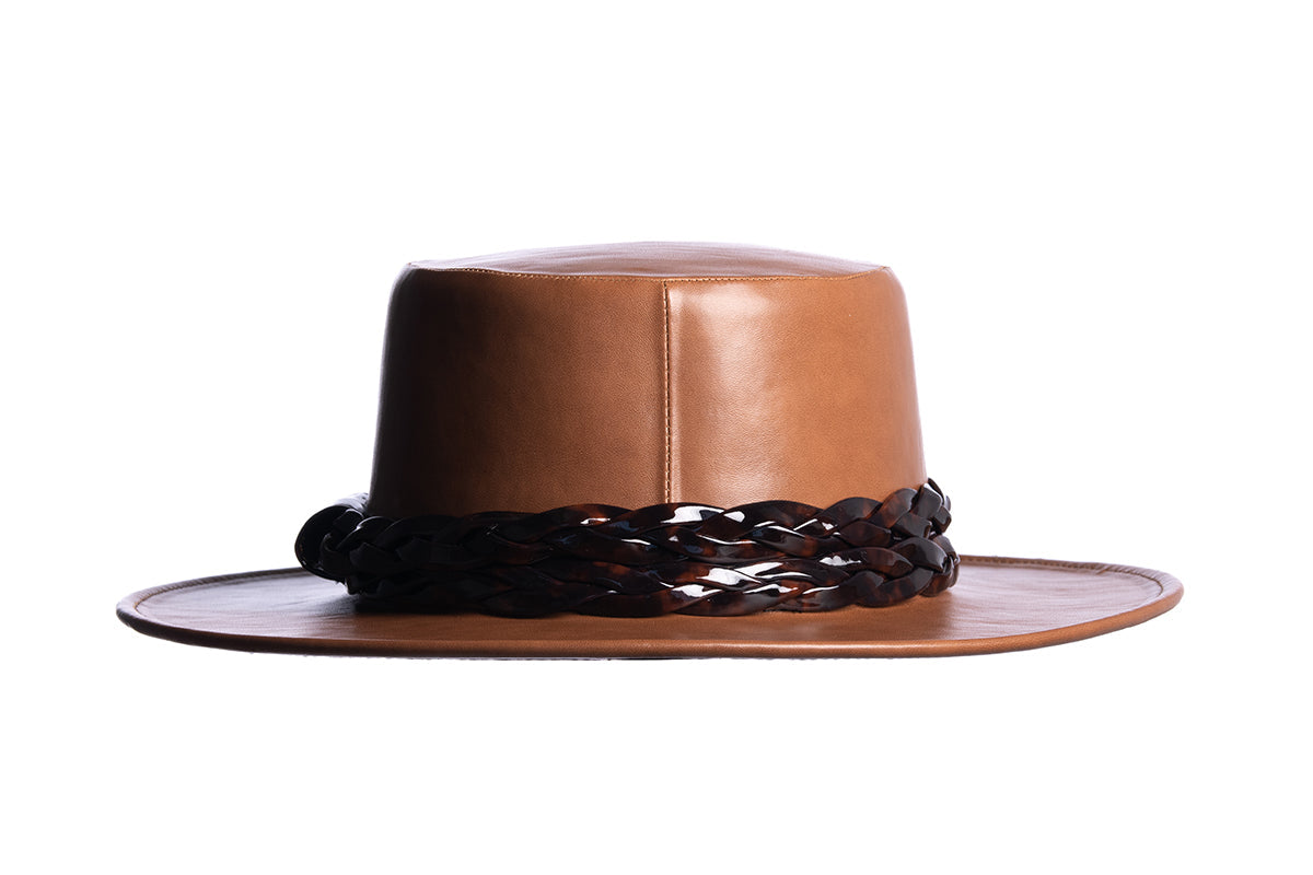ASN Hats Tortoise - Tan tan brown boater hat, rear view showing the crown and trim