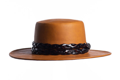 ASN Hats Tortoise - Mustard mustard brown boater hat, front angle showing the crown and brim