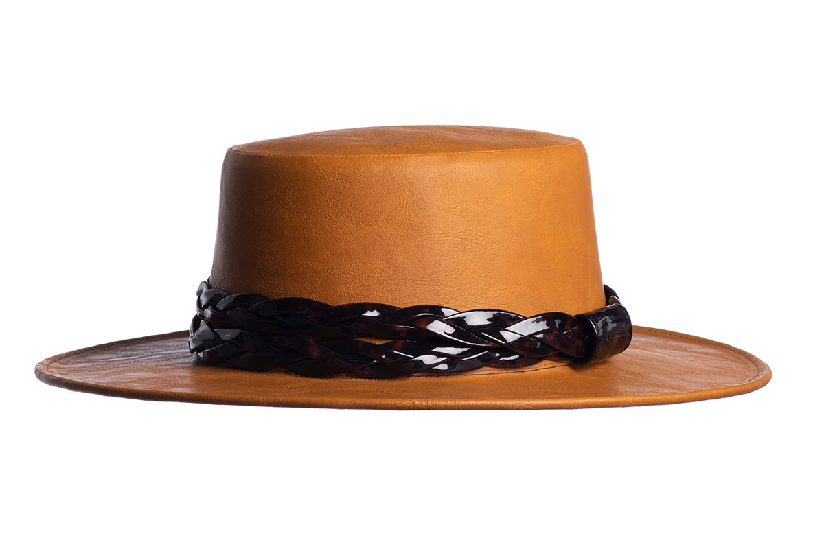 ASN Hats Tortoise - Mustard mustard brown boater hat, side profile showing the hatband