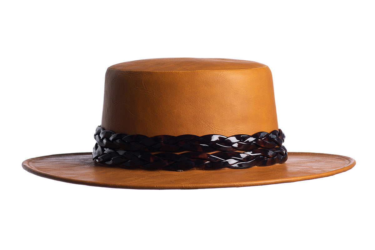 ASN Hats Tortoise - Mustard mustard brown boater hat, opposite angle showing the brim shape