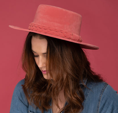 ASN Hats La Vie En Rose pink boater hat, worn by a model with a denim shirt