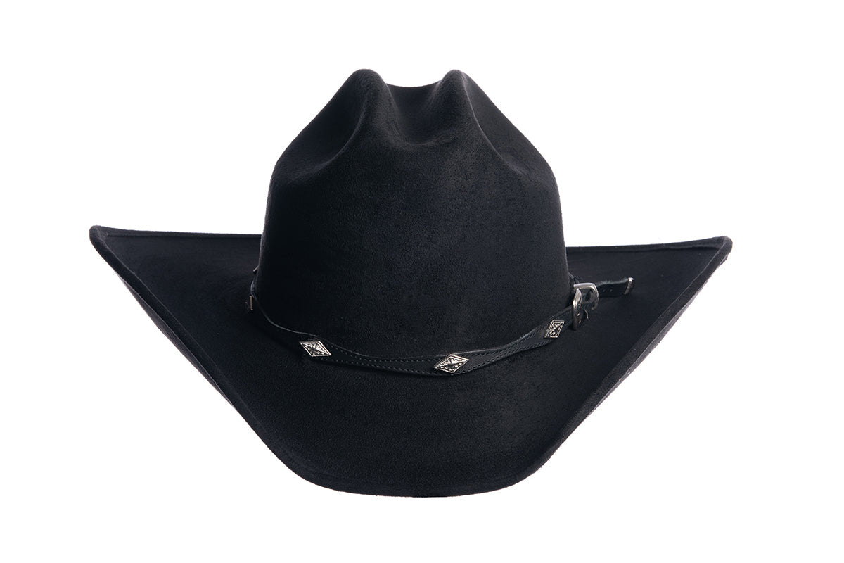 ASN Hats Dolly- Black black cowboy hat, front angle showing the crown and brim