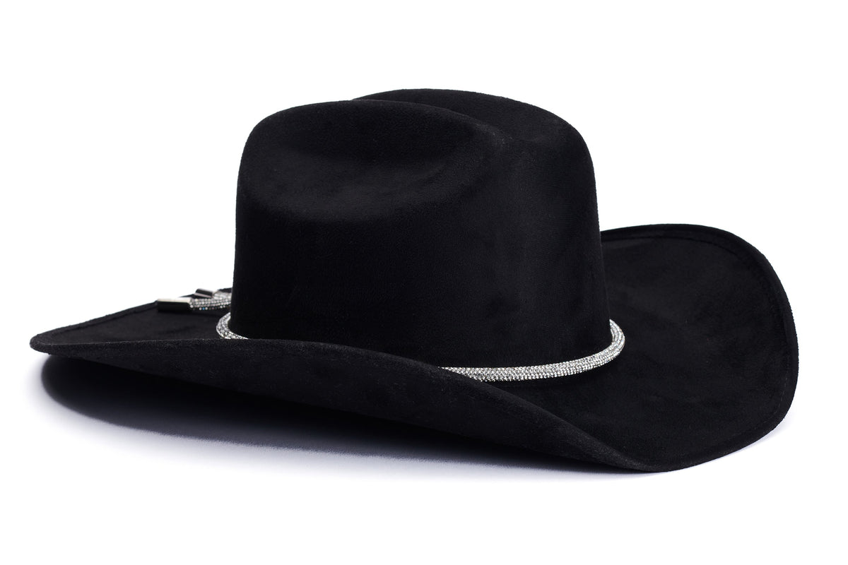 ASN Hats Kenny Black black cowboy hat, rear view showing the crown and trim