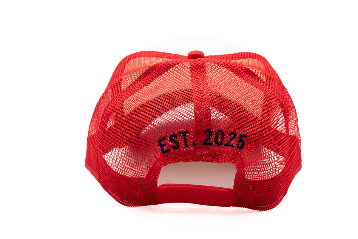 Rey To Z red trucker rear showing embroidered lettering