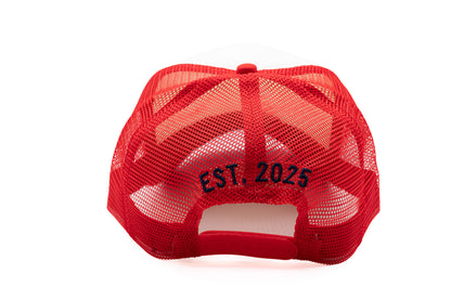 Rey To Z red trucker rear showing embroidered lettering
