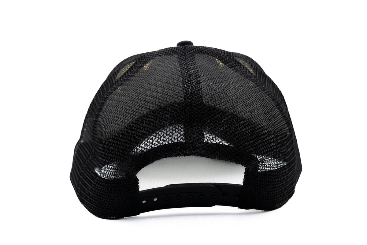 Back of the Black/White cap showing black mesh and snapback