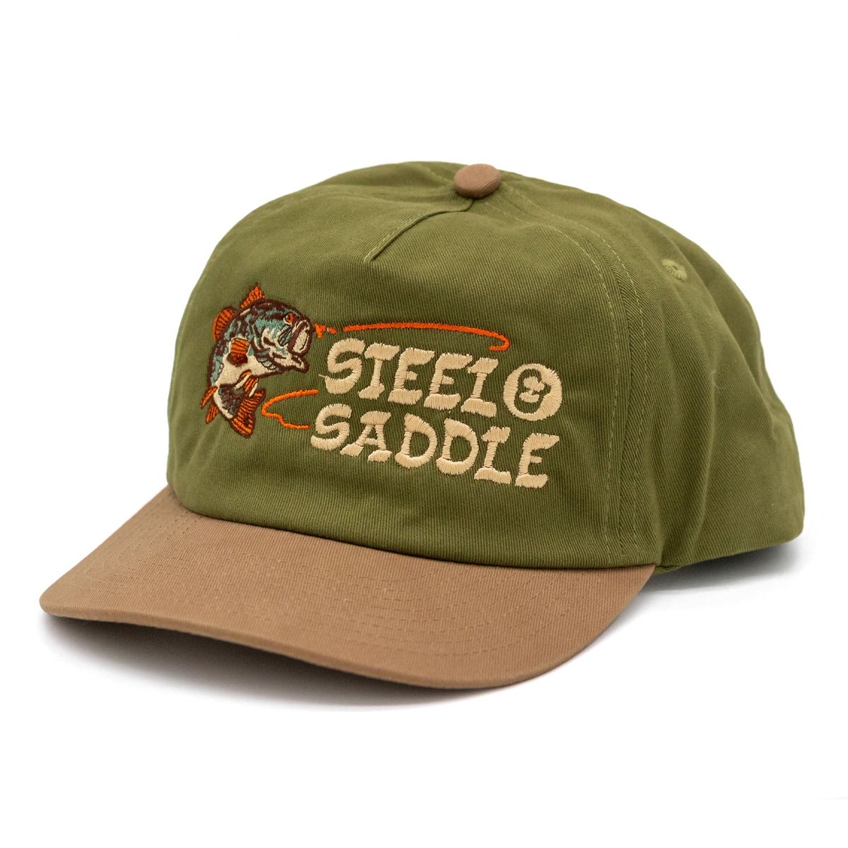Steel & Saddle Bass Hat with an olive crown, rust brown brim, and fish embroidery