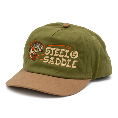 Steel & Saddle Bass Hat with an olive crown, rust brown brim, and fish embroidery