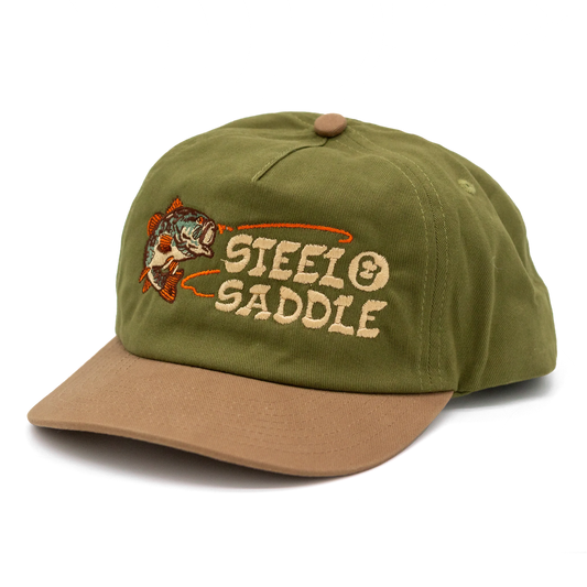 Steel & Saddle Bass Hat with an olive crown, rust brown brim, and fish embroidery