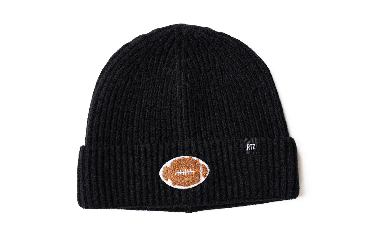 Rey To Z black ribbed beanie with football-shaped cuff patch