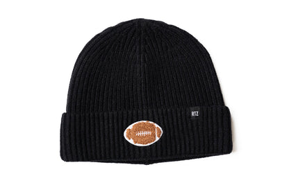 Rey To Z black ribbed beanie with football-shaped cuff patch