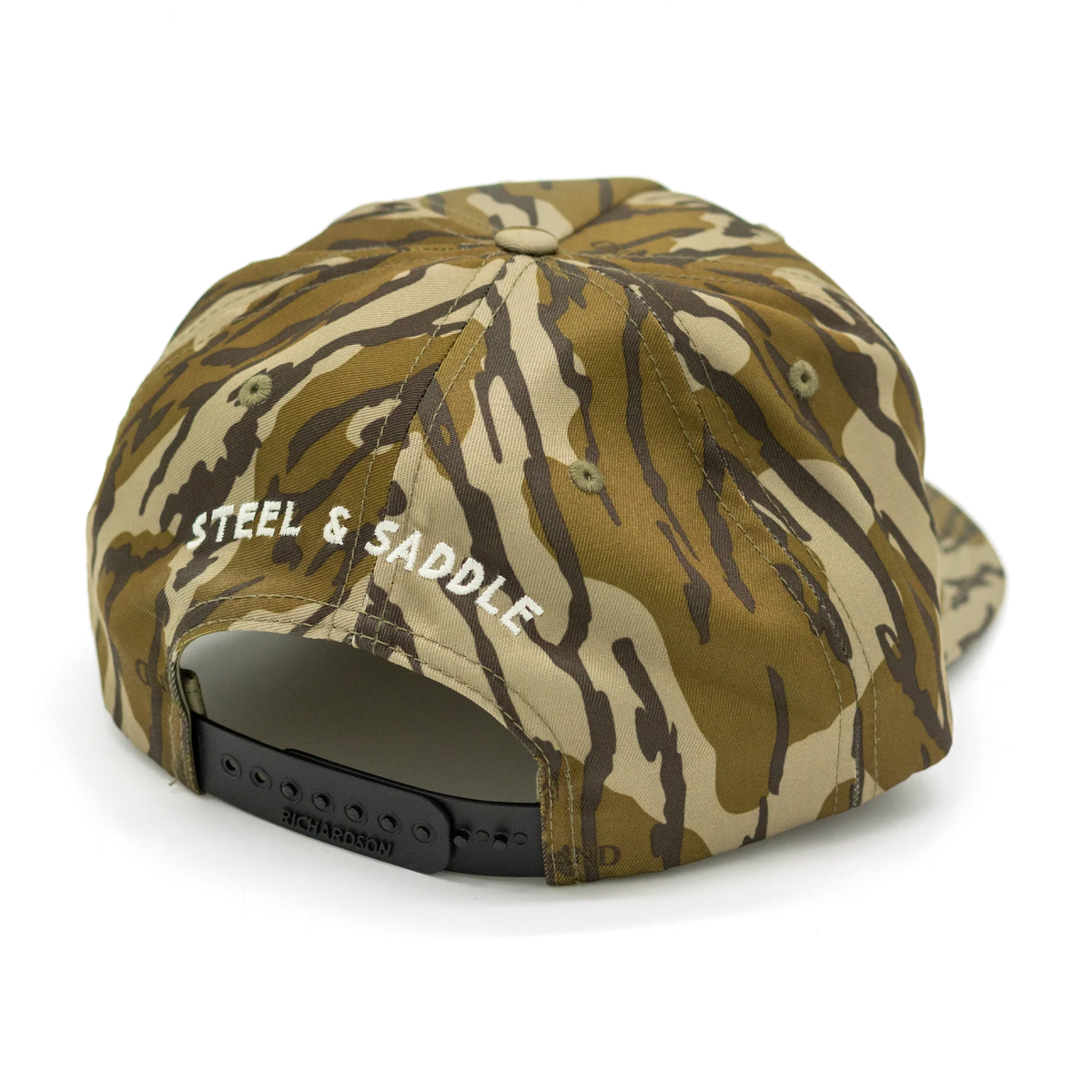 Back of the Bottomland Badge Hat showing Steel & Saddle stitching and snapback