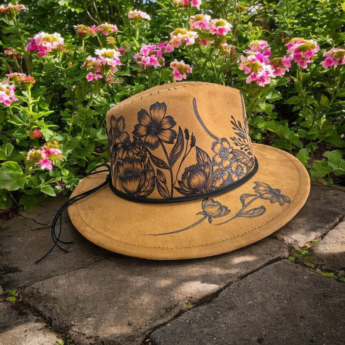 Khaki Piper Flower Garden small-brim fedora with burned botanical artwork