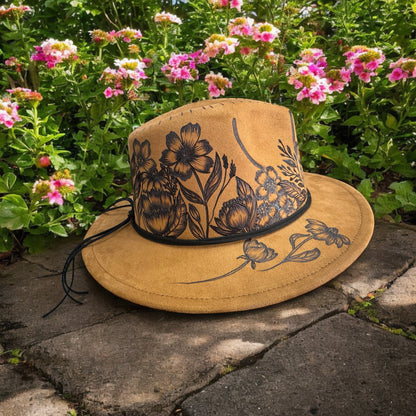 Khaki Piper Flower Garden small-brim fedora with burned botanical artwork