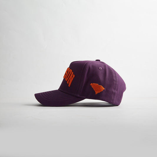 Side profile of the Destination Hat Co. Clemson Legacy snapback showing the curved bill and side logo