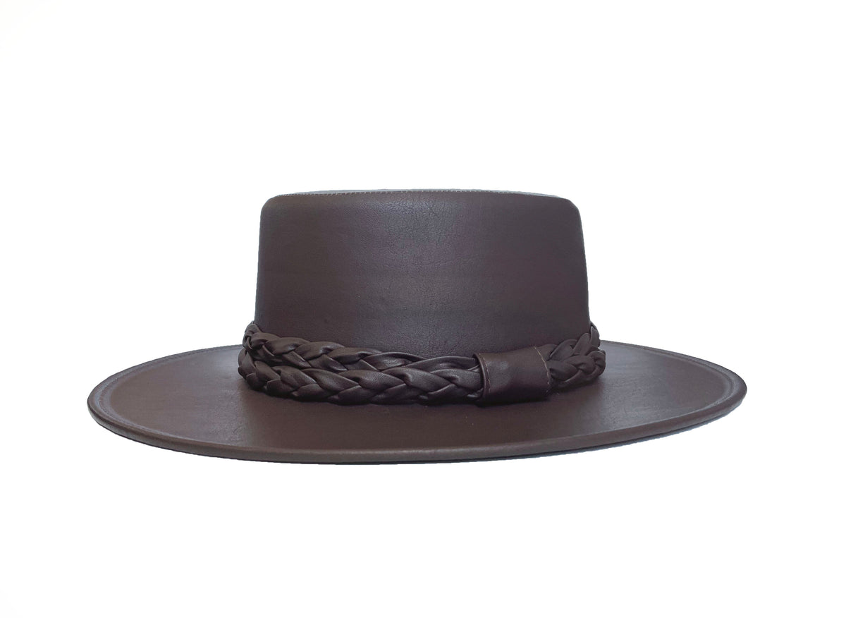 ASN Hats Coffee dark brown boater hat, front angle showing the crown and brim