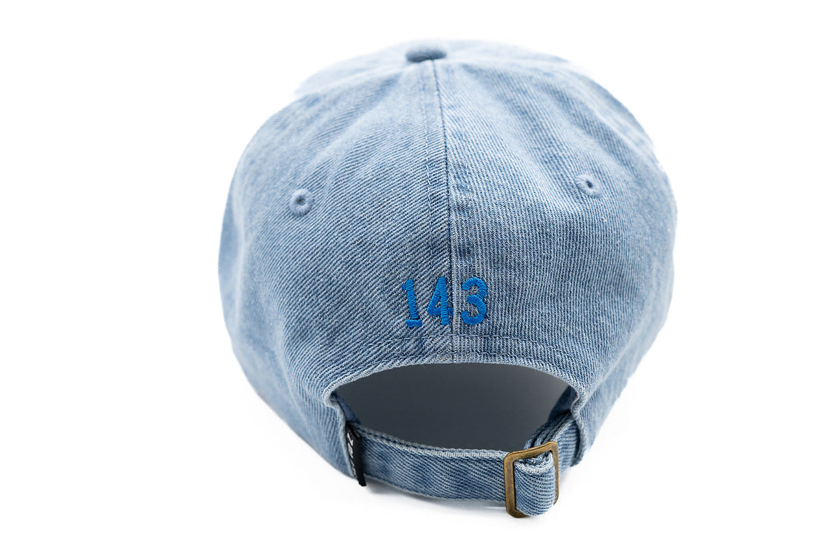 Rey To Z denim cap rear showing 143 embroidery