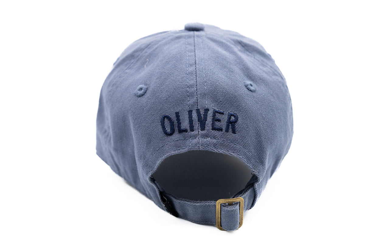 Rey To Z dusty Blue cap rear showing OLIVER embroidery