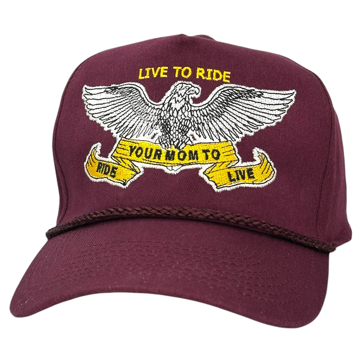 Old School Hats burgundy Live to Ride cap with an embroidered eagle and yellow banners