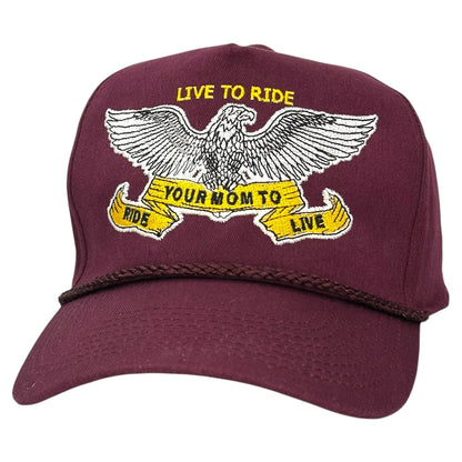 Old School Hats burgundy Live to Ride cap with an embroidered eagle and yellow banners