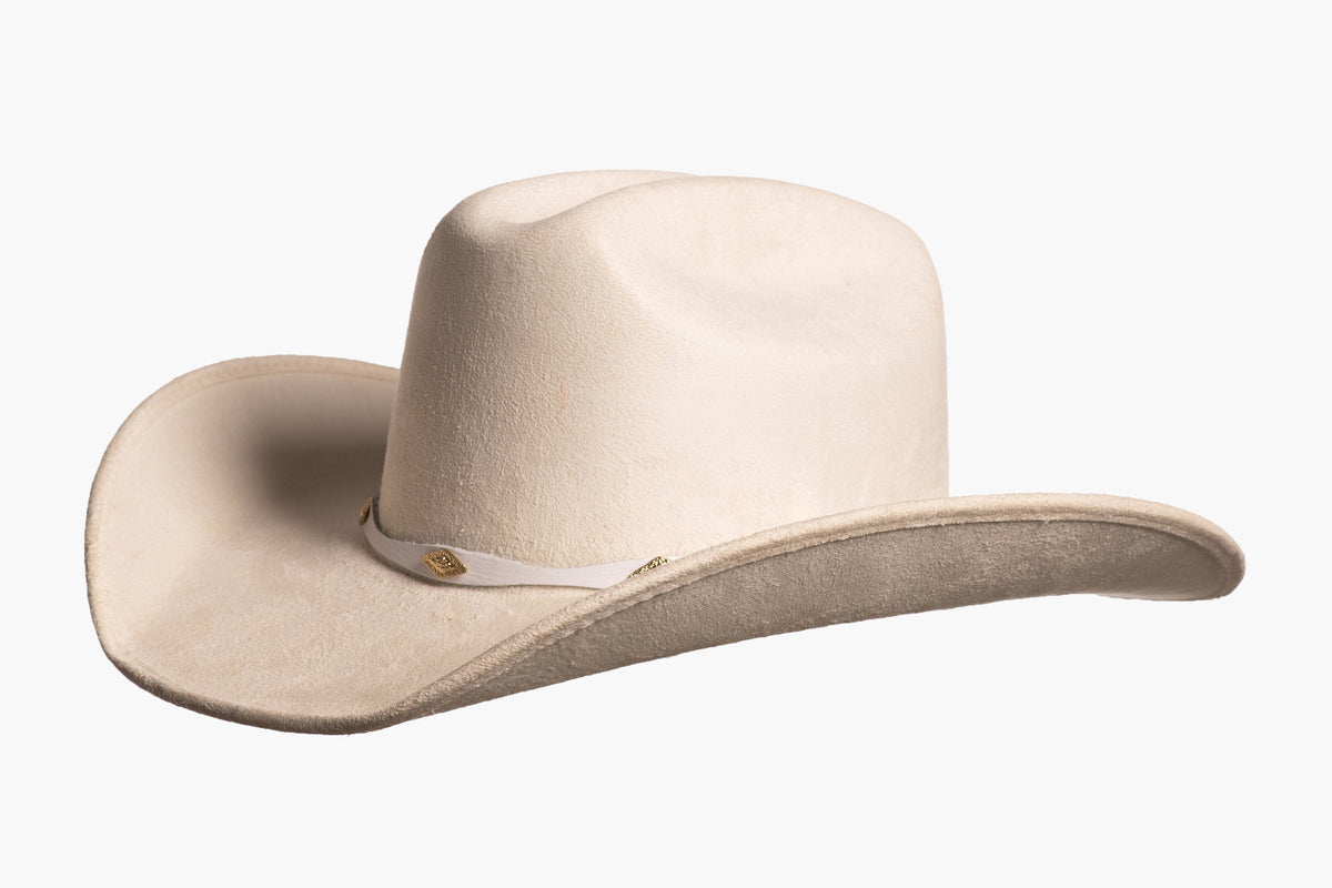 ASN Hats Dolly ivory cowboy hat, side profile showing the hatband