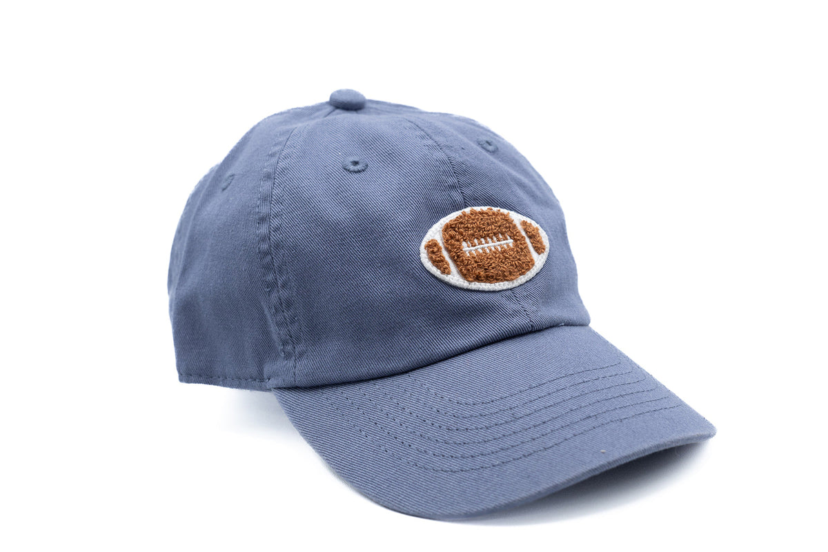 Rey To Z angled view of the Dusty Blue football-patch cap
