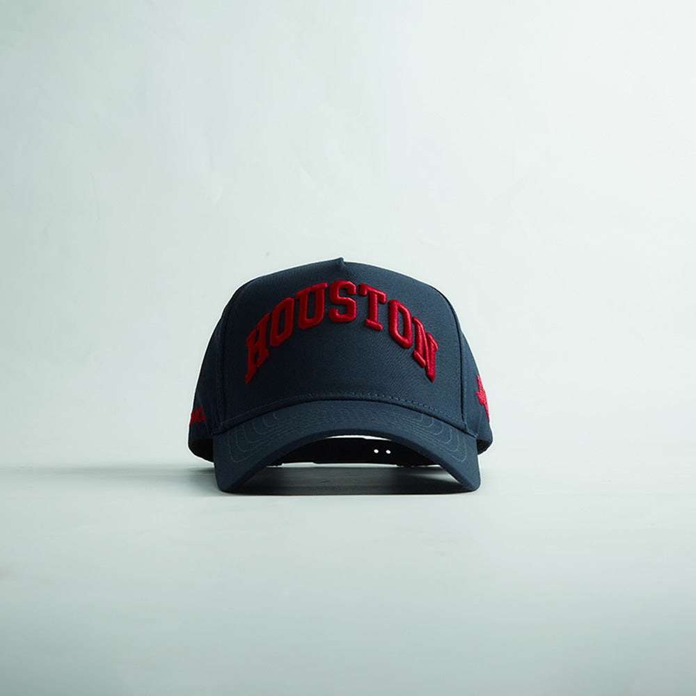 Front view of the Destination Hat Co. Houston Legacy snapback with red embroidery