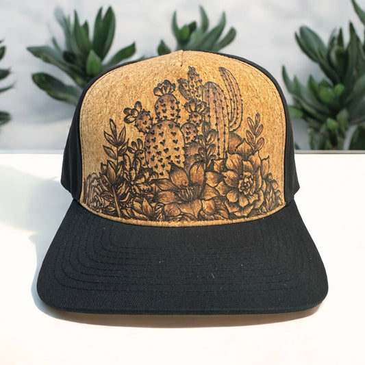 Piper Cactus & Jade Flower cork trucker with burned cactus and floral artwork above a black bill
