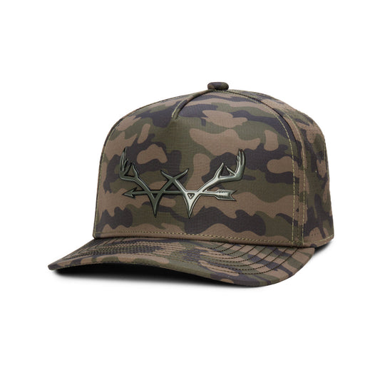 Webb Western Forest Camo cap, angled front showing the crown design and brim